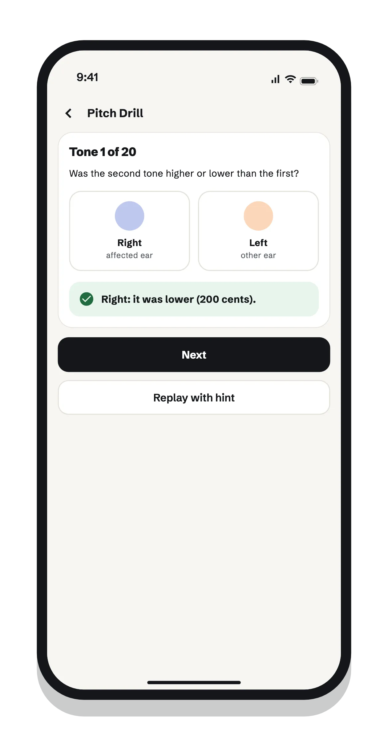 A pitch drill: the second tone was lower, answered correctly